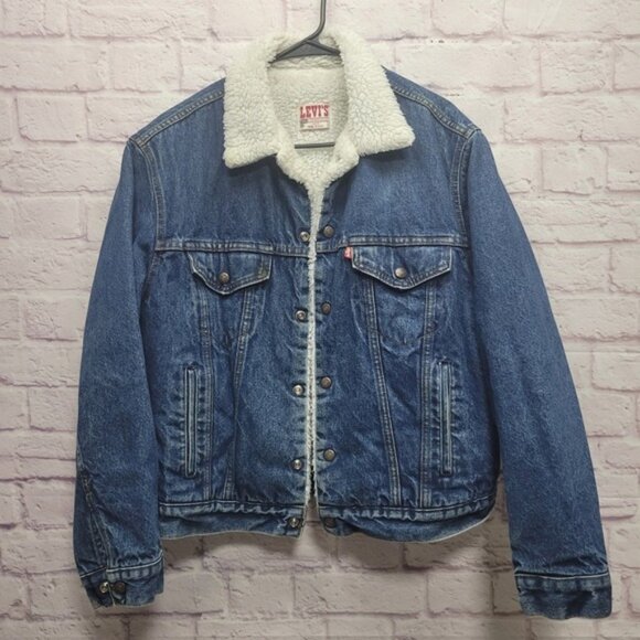 VTG 80s Levis Sherpa Lined Denim Trucker Jacket Size 42R USA Made Snap Closure - Picture 1 of 10